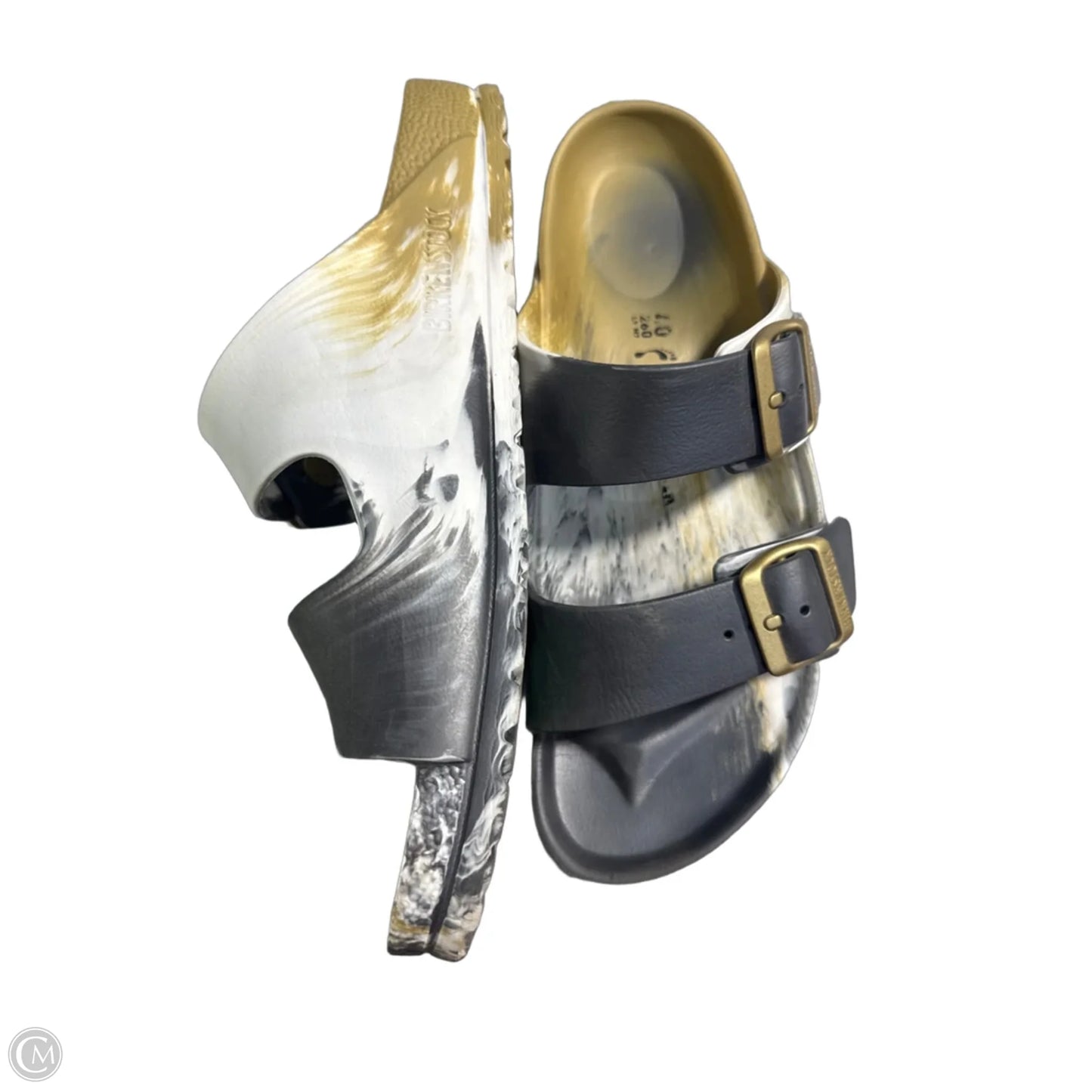 Sandals Flats By Birkenstock In Gold & White, Size: 9