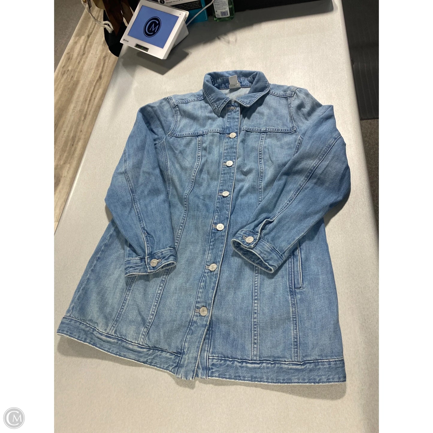 Jacket Shirt By Chicos In Blue Denim, Size: M