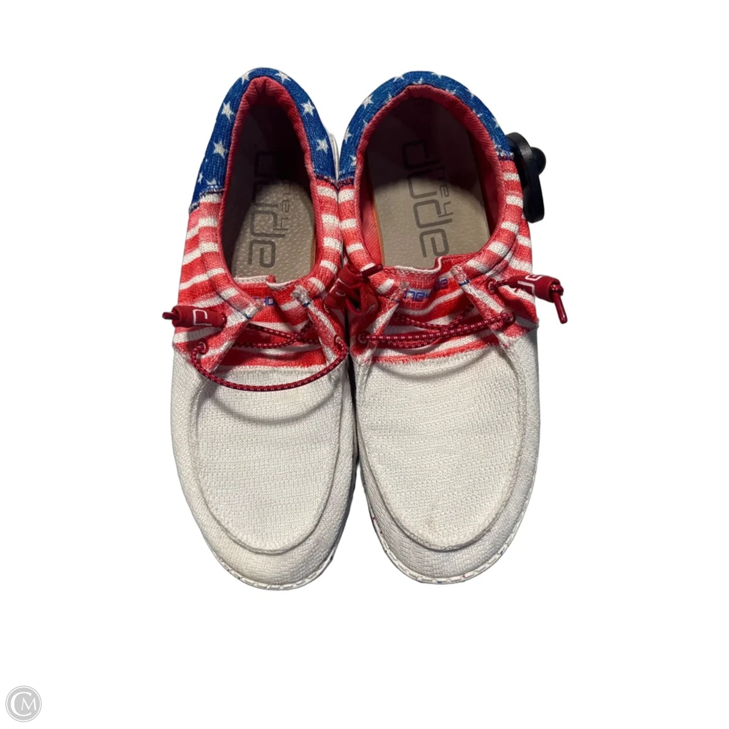 Shoes Flats By Hey Dude In Blue & Red & White, Size: 10