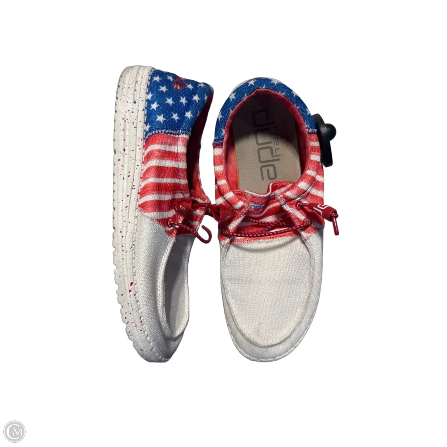 Shoes Flats By Hey Dude In Blue & Red & White, Size: 10